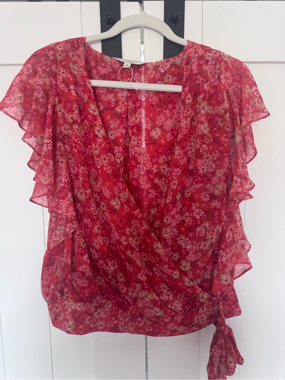 Liverpool Red Floral Wrap Blouse with Ruffle Sleeves